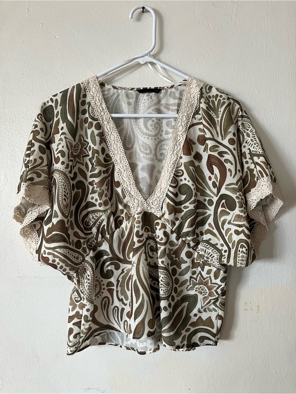 Zara Cream, Olive & Brown Paisley V-Neck Blouse